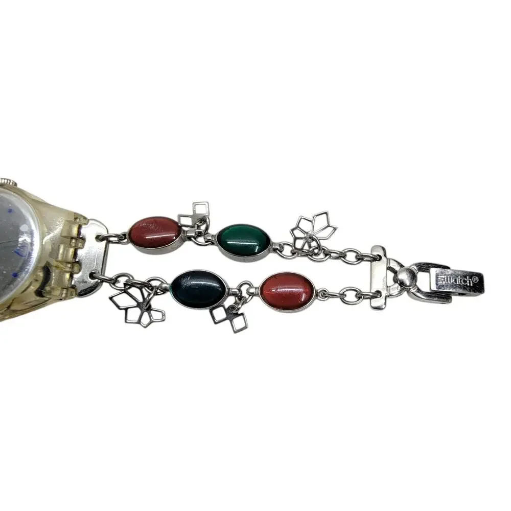 Swatch 2009 Lady Charm Bracelet Watch Swiss Quartz Multicolor Stone Dainty
